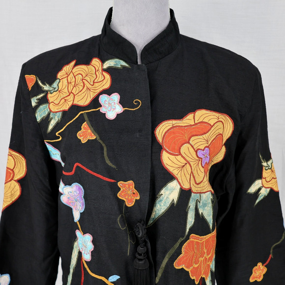Entice Jacket Womens 10 Black Orange Floral Applique Embroidery Snaps Tassel Vtg - Picture 7 of 13
